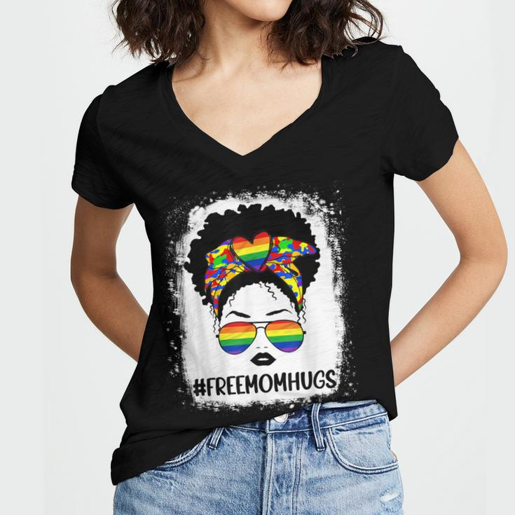 Black Womens Free Mom Hugs Messy Bun Lgbt Pride Rainbow Women's Jersey Short Sleeve Deep V-Neck Tshirt