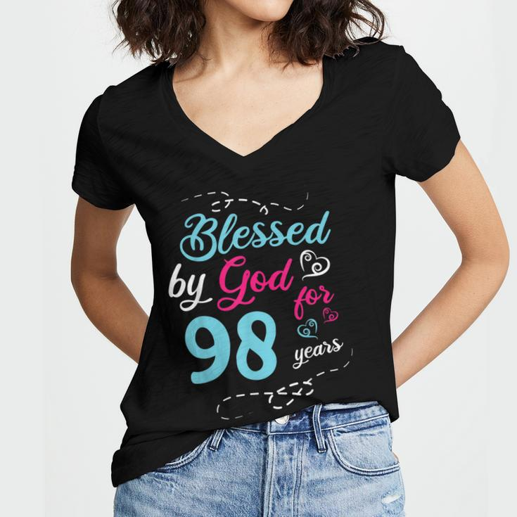 Blessed By God For 98 Years 98Th Birthday Party Celebration Women's Jersey Short Sleeve Deep V-Neck Tshirt