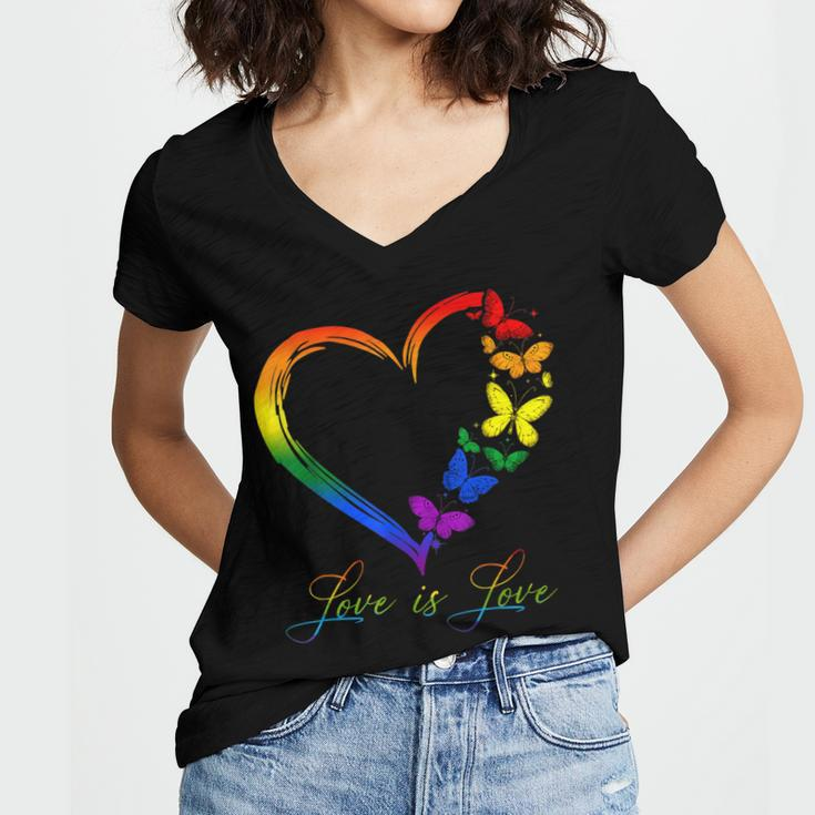 Butterfly Heart Rainbow Love Is Love Lgbt Gay Lesbian Pride Women's Jersey Short Sleeve Deep V-Neck Tshirt