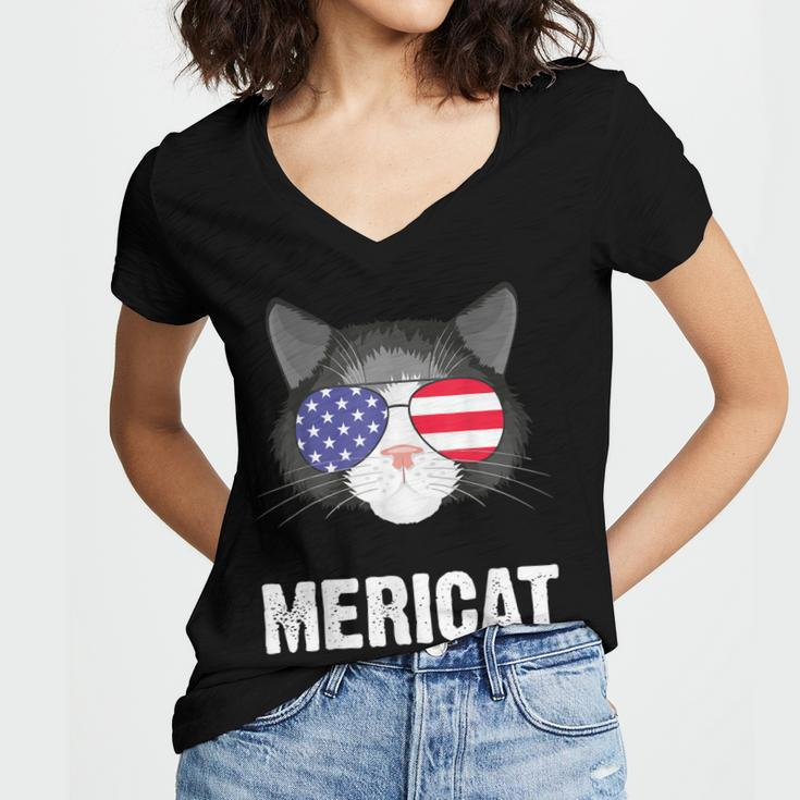 Cat American Flag Independence Day Mericat 4Th Of July Women's Jersey Short Sleeve Deep V-Neck Tshirt