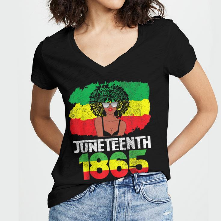Celebrate Juneteenth Messy Bun Black Women 1865 Women's Jersey Short Sleeve Deep V-Neck Tshirt