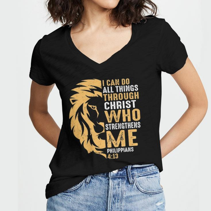 Christian I Can Do All Things Through Christ Lion Faith Women's Jersey Short Sleeve Deep V-Neck Tshirt