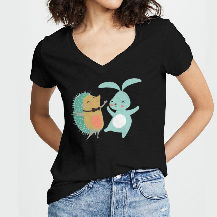 Cute Dancing Hedgehog & Rabbit Cartoon Art Women's Jersey Short Sleeve Deep V-Neck Tshirt