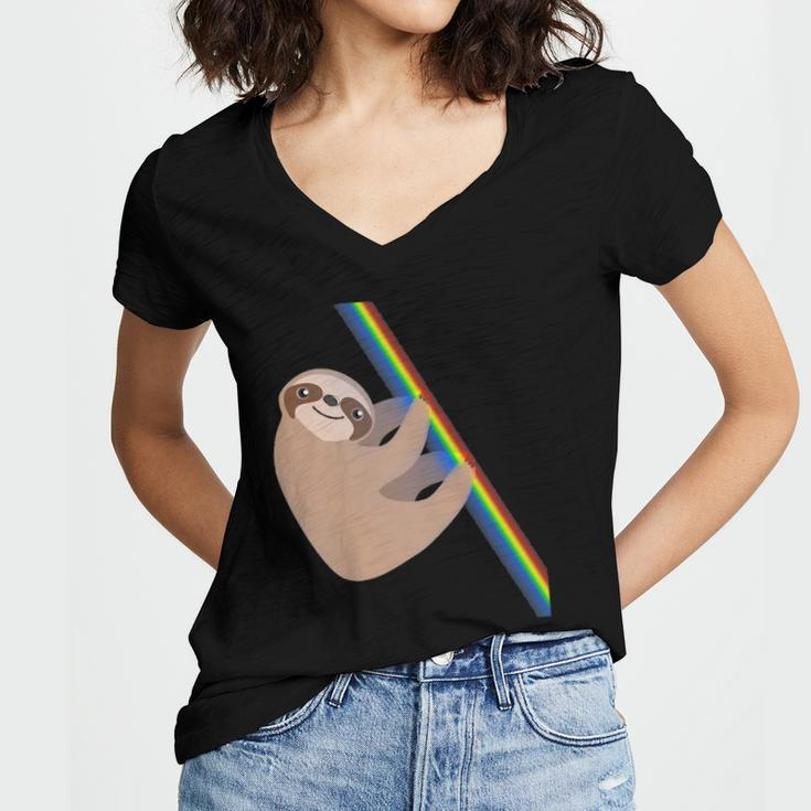 Cute Sloth Design - New Sloth Climbing A Rainbow Women's Jersey Short Sleeve Deep V-Neck Tshirt