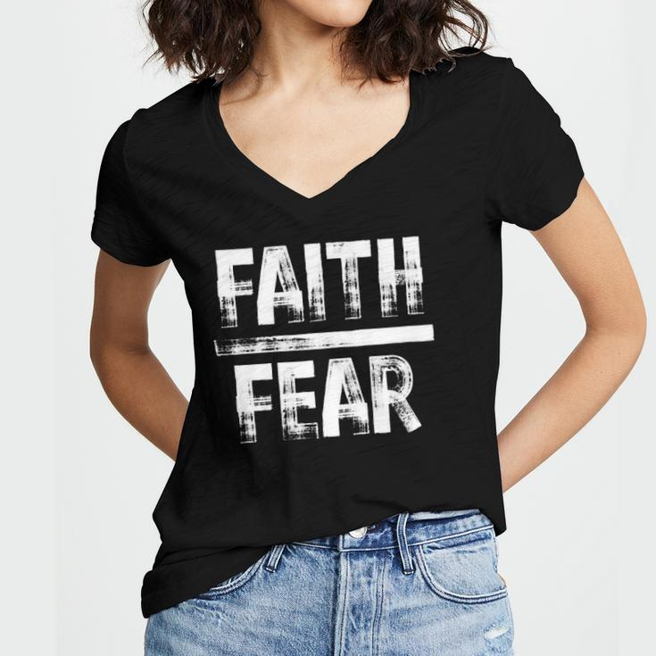 Distressed Faith Over Fear Believe In Him Women's Jersey Short Sleeve Deep V-Neck Tshirt