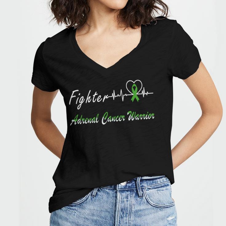 Fighter Adrenal Cancer Warrior Heartbeat Green Ribbon Adrenal Cancer Adrenal Cancer Awareness Women's Jersey Short Sleeve Deep V-Neck Tshirt