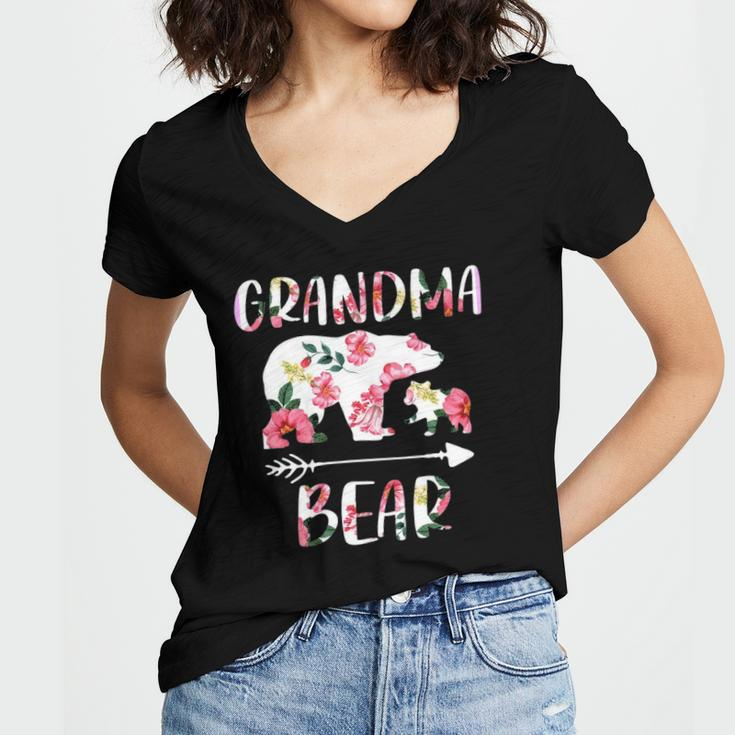 Floral Bear Matching Family Outfits Funny Grandma Bear Women's Jersey Short Sleeve Deep V-Neck Tshirt