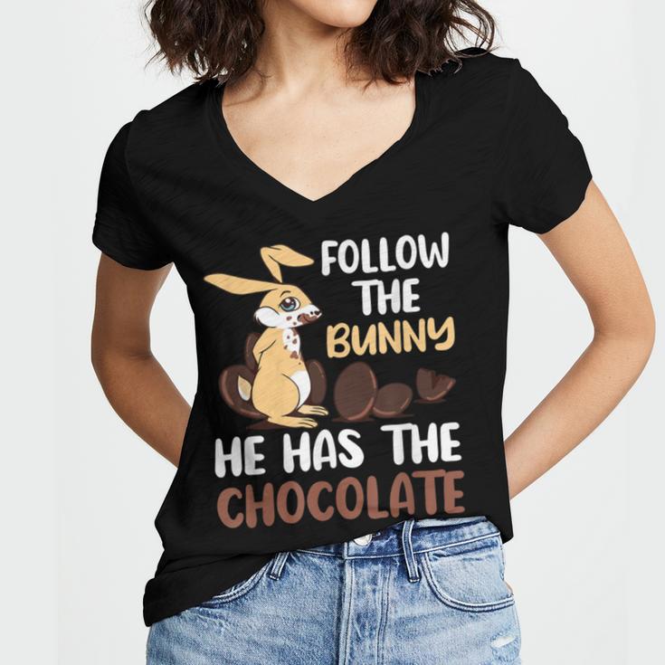 Follow The Bunny He Has Chocolate Women's Jersey Short Sleeve Deep V-Neck Tshirt