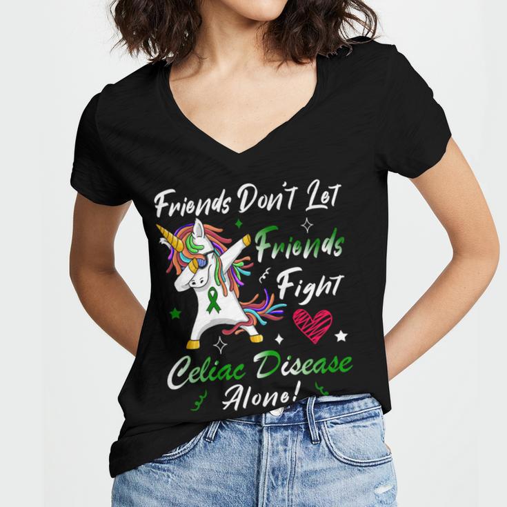 Friends Dont Let Friends Fight Celiac Disease Alone Unicorn Green Ribbon Celiac Disease Celiac Disease Awareness Women's Jersey Short Sleeve Deep V-Neck Tshirt