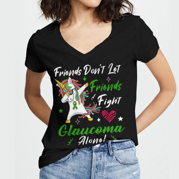 Friends Dont Let Friends Fight Glaucoma Alone Unicorn Green Ribbon Glaucoma Glaucoma Awareness Women's Jersey Short Sleeve Deep V-Neck Tshirt