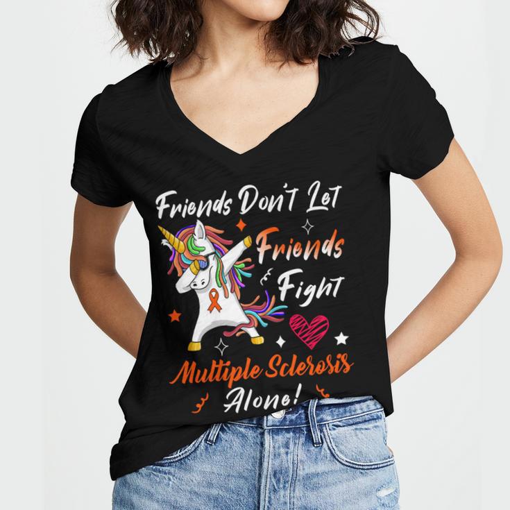 Friends Dont Let Friends Fight Multiple Sclerosis Alone Unicorn Orange Ribbon Multiple Sclerosis Multiple Sclerosis Awareness Women's Jersey Short Sleeve Deep V-Neck Tshirt