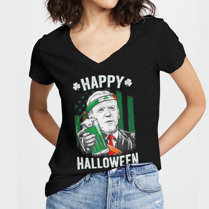 Funny Leprechaun Biden Happy Halloween For St Patricks Day Women's Jersey Short Sleeve Deep V-Neck Tshirt