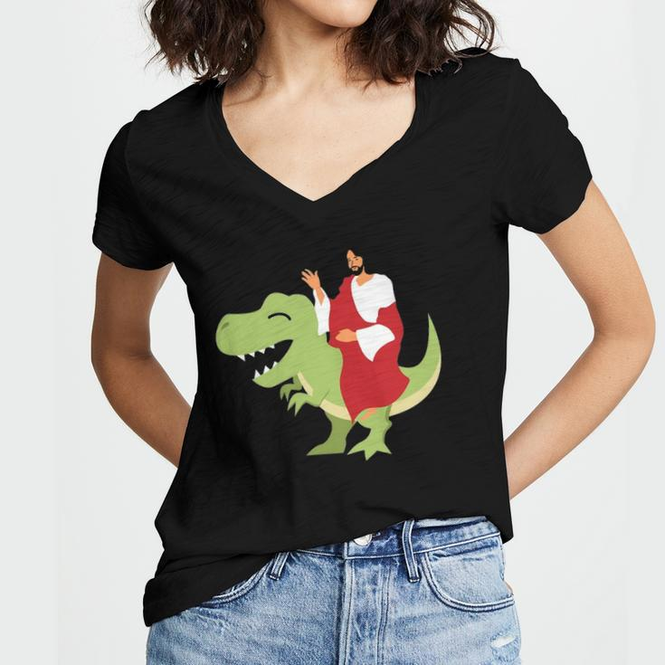 Funny Parody Jesus Riding Dinosaur Cute Meme Dino Gift Women's Jersey Short Sleeve Deep V-Neck Tshirt