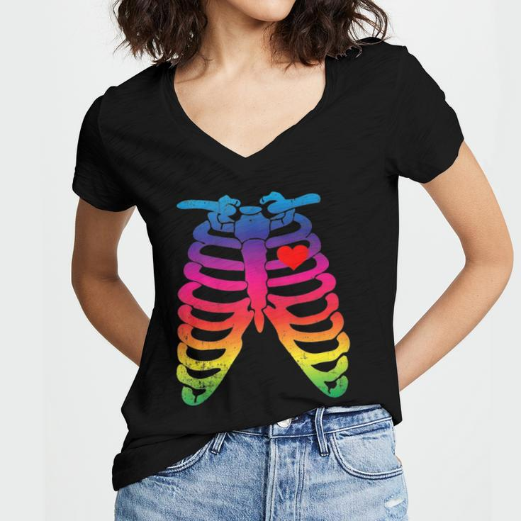 Gay Rainbow Pride Lgbt Halloween Skeleton Design Women's Jersey Short Sleeve Deep V-Neck Tshirt