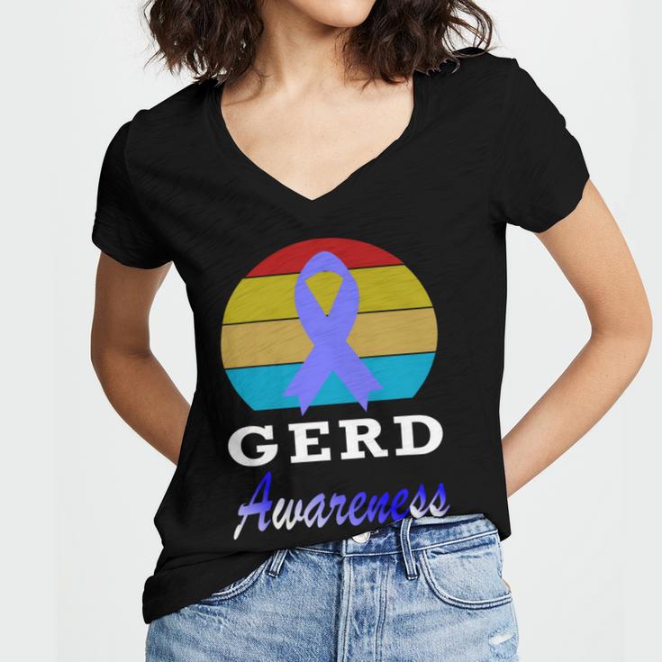 Gerd Awareness Vintage Periwinkle Blue Ribbon Gastroesophageal Reflux Disease Gerd Awareness Women's Jersey Short Sleeve Deep V-Neck Tshirt