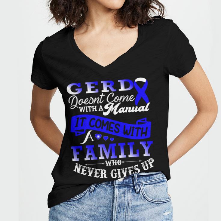 Gerd Doesnt Come With A Manual It Comes With A Family Who Never Gives Up Periwinkle Blue Ribbon Gastroesophageal Reflux Disease Gerd Awareness Women's Jersey Short Sleeve Deep V-Neck Tshirt