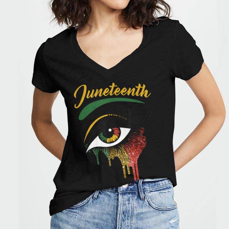 Happy Juneteenth 1865 Bright Eyes Melanin Retro Black Pride Women's Jersey Short Sleeve Deep V-Neck Tshirt