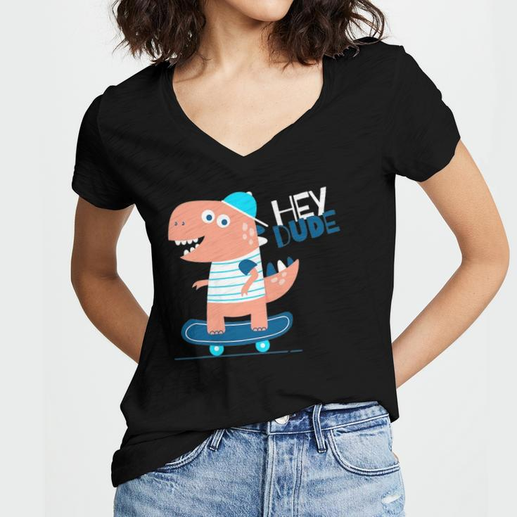 Hey Dude Skating Dinosaur Cool Graphic Designs Women's Jersey Short Sleeve Deep V-Neck Tshirt