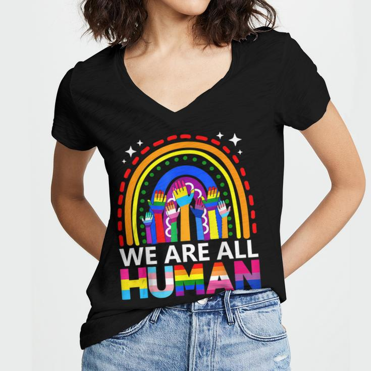 Human Lgbt Flag Gay Pride Month Transgender Rainbow Lesbian Women's Jersey Short Sleeve Deep V-Neck Tshirt