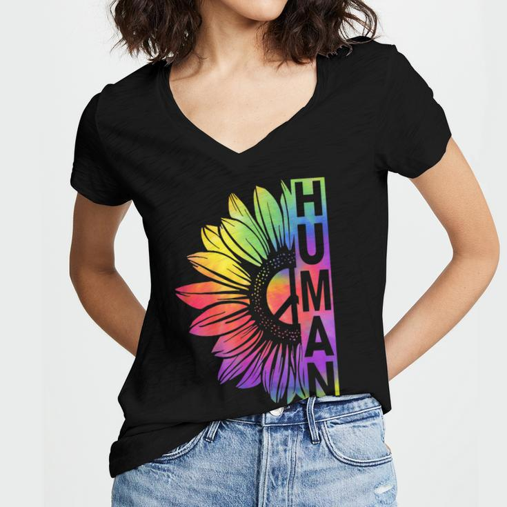 Human Sunflower Lgbt Tie Dye Flag Gay Pride Proud Lgbtq Women's Jersey Short Sleeve Deep V-Neck Tshirt