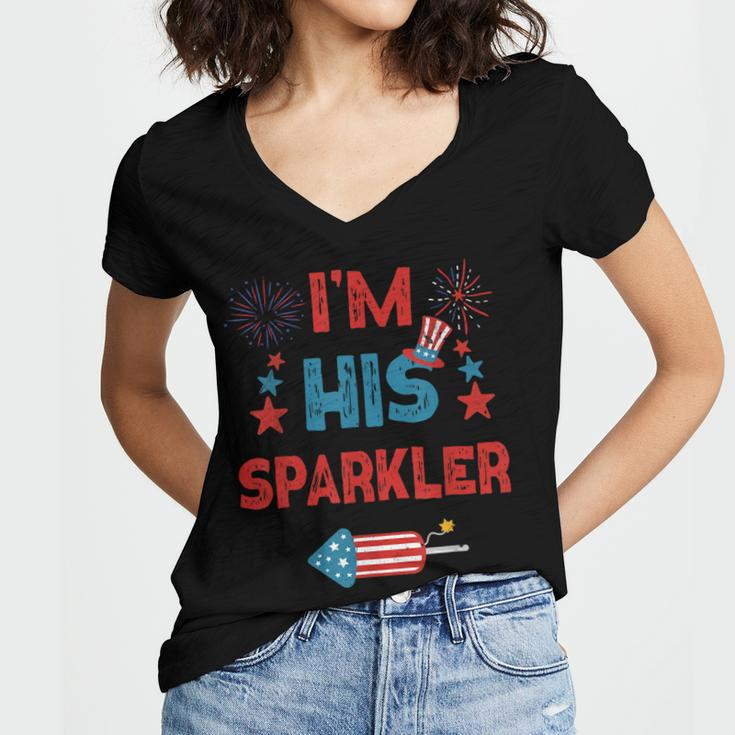 Im His Sparkler 4Th Of July Fireworks Matching Couples Women's Jersey Short Sleeve Deep V-Neck Tshirt