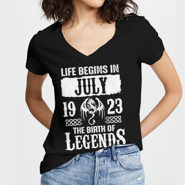 July 1923 Birthday Life Begins In July 1923 Women's Jersey Short Sleeve Deep V-Neck Tshirt