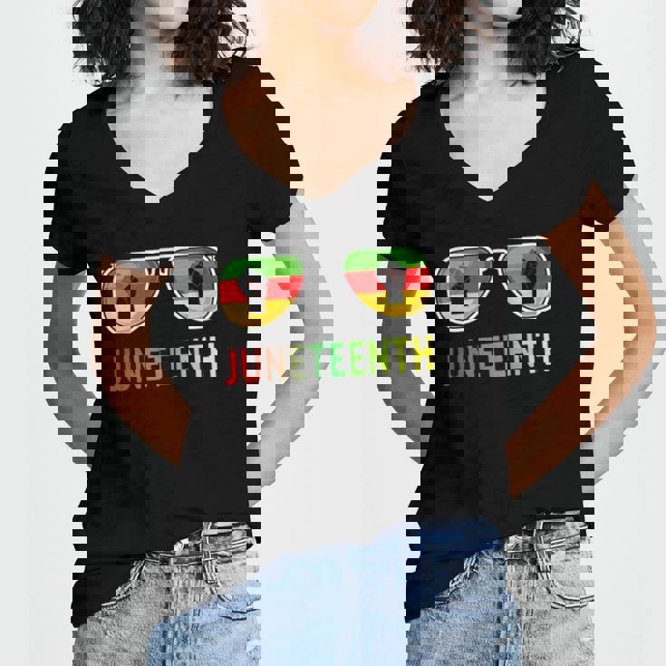 Juneteenth Sunglasses Black Pride Flag Fists Men Women Women's Jersey Short Sleeve Deep V-Neck Tshirt