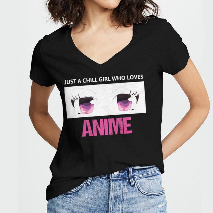 Just A Girl Who Loves Anime Chill Anime Girl Women's Jersey Short Sleeve Deep V-Neck Tshirt