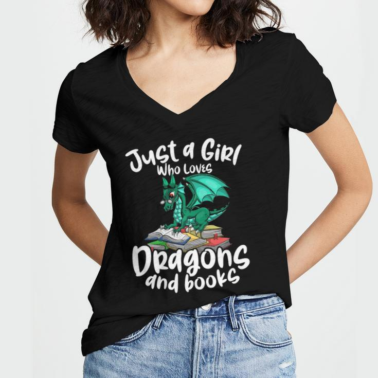 Just A Girl Who Loves Dragons And Books Reading Dragon Women's Jersey Short Sleeve Deep V-Neck Tshirt