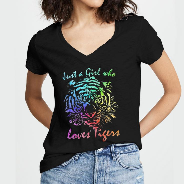 Just A Girl Who Loves Tigers Retro Vintage Rainbow Graphic Women's Jersey Short Sleeve Deep V-Neck Tshirt