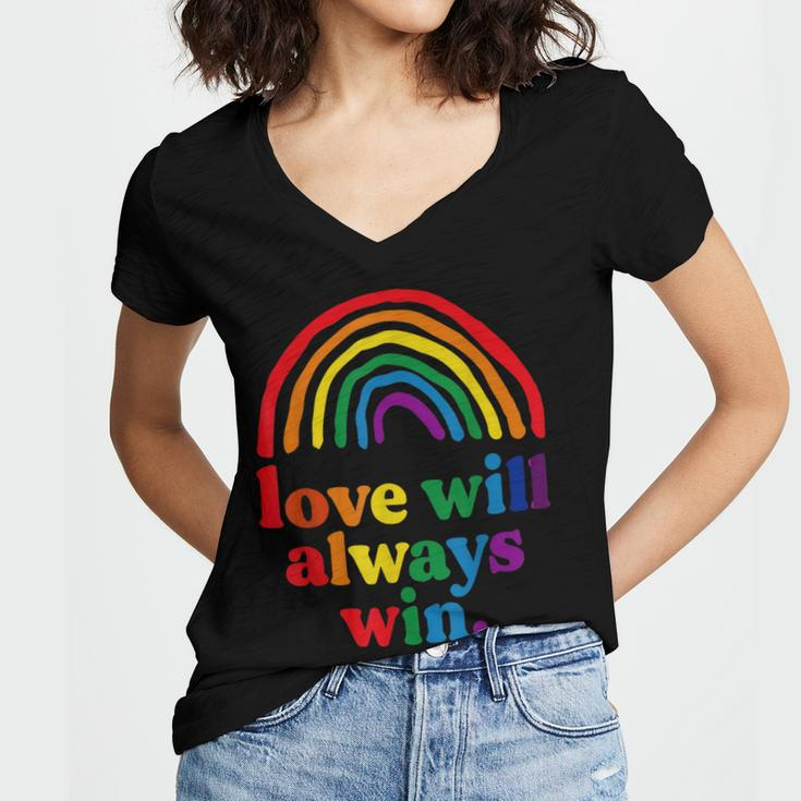 Love Will Always Win Pride Rainbow Kid Child Lgbt Quote Fun Women's Jersey Short Sleeve Deep V-Neck Tshirt