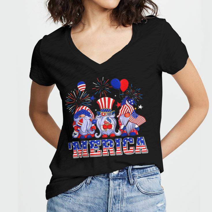 Merica Gnomes Happy 4Th Of July Us Flag Independence Day Women's Jersey Short Sleeve Deep V-Neck Tshirt