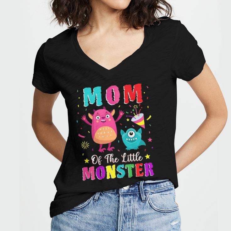 Mom Of The Little Monster Family Matching Birthday Son Women's Jersey Short Sleeve Deep V-Neck Tshirt