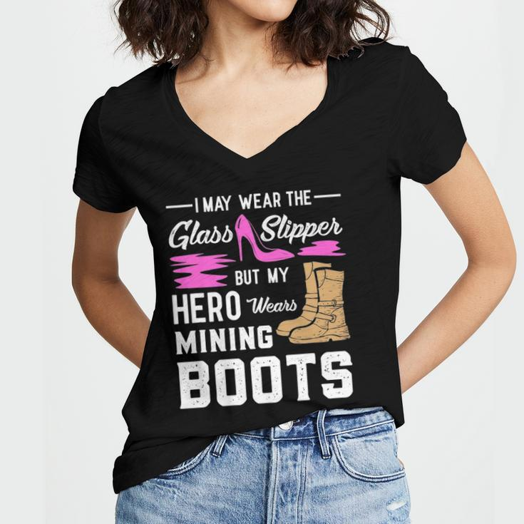 My Hero Wears Mining Boots Coal Miner Gift Wife Women's Jersey Short Sleeve Deep V-Neck Tshirt