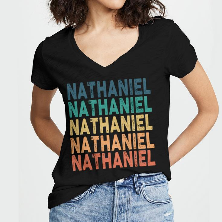 Nathaniel Name Shirt Nathaniel Family Name Women's Jersey Short Sleeve Deep V-Neck Tshirt