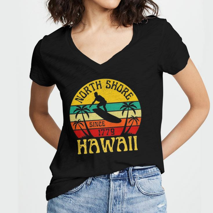 North Shore Beach Hawaii Surfing Surfer Ocean Vintage Women's Jersey Short Sleeve Deep V-Neck Tshirt