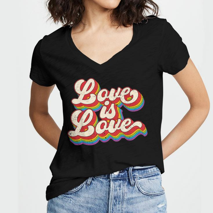 Rainbow Vintage Love Is Love Lgbt Gay Lesbian Pride Women's Jersey Short Sleeve Deep V-Neck Tshirt