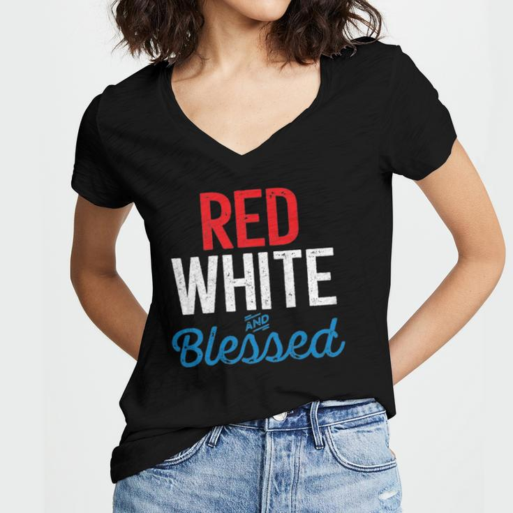 Red White And Blessed Independence Day 4Th Of July Patriotic Women's Jersey Short Sleeve Deep V-Neck Tshirt