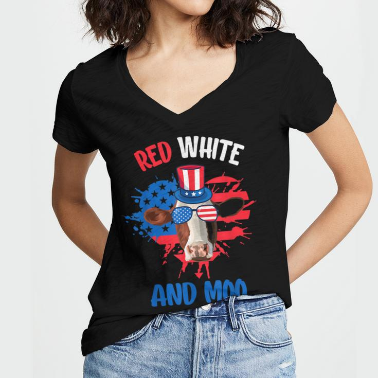 Red White And Moo Patriotic Cow Farmer 4Th Of July Women's Jersey Short Sleeve Deep V-Neck Tshirt