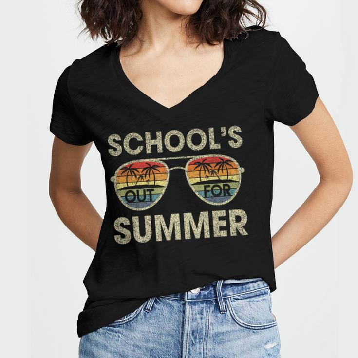 Retro Last Day Of School Schools Out For Summer Teacher Gift Women's Jersey Short Sleeve Deep V-Neck Tshirt