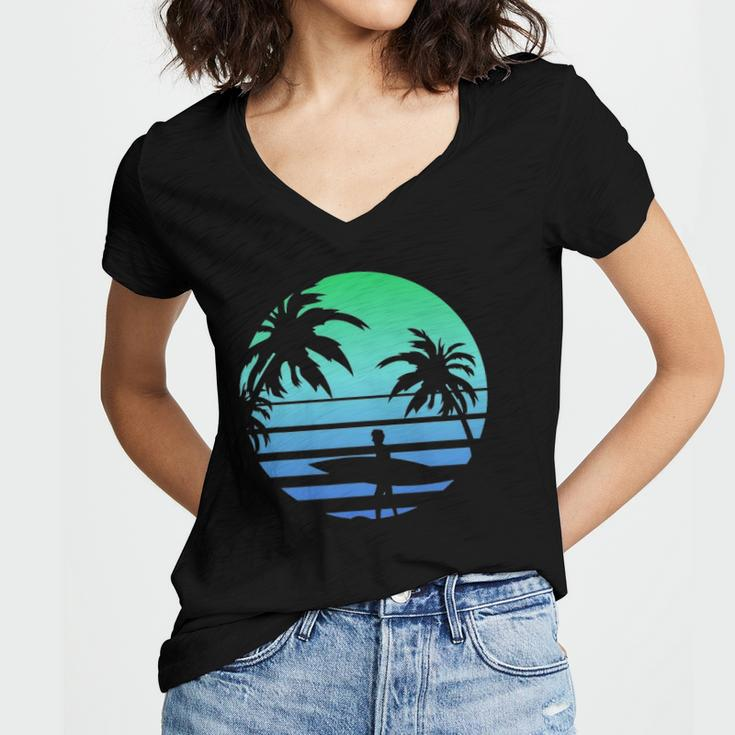 Retro Water Sport Surfboard Palm Tree Sea Tropical Surfing Women's Jersey Short Sleeve Deep V-Neck Tshirt