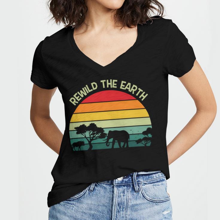 Rewild The Earth Animal Forest Earth Day Women's Jersey Short Sleeve Deep V-Neck Tshirt