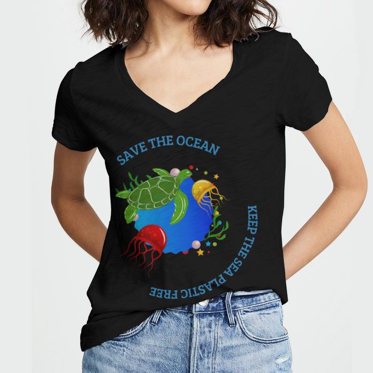 Save The Ocean Keep The Sea Plastic Free Women's Jersey Short Sleeve Deep V-Neck Tshirt