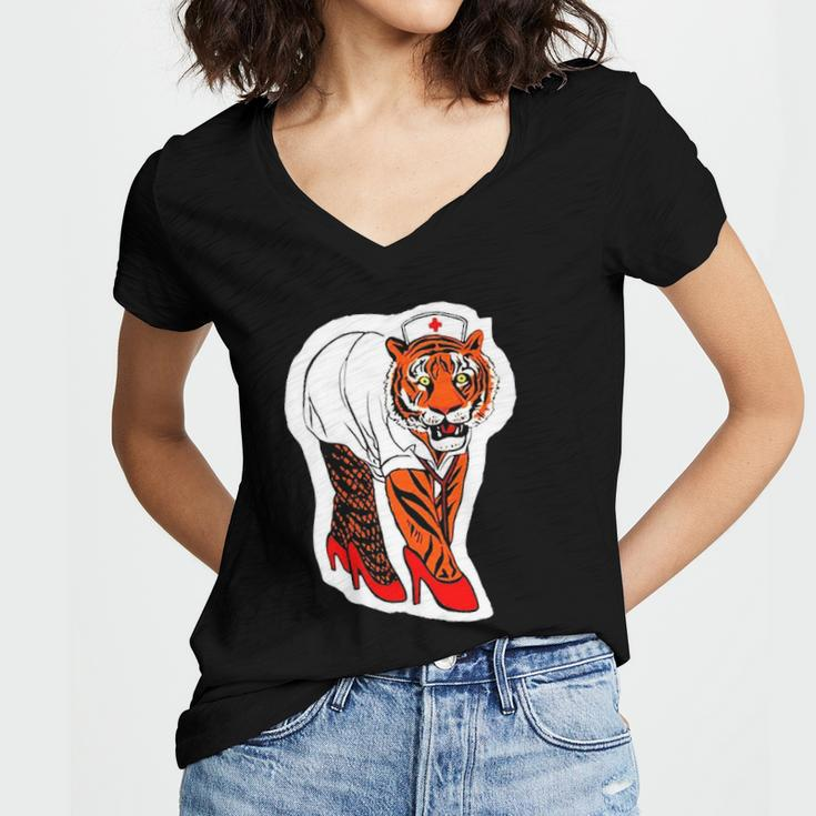 Sexy Tiger Nurse Tiger Lover Gift Women's Jersey Short Sleeve Deep V-Neck Tshirt