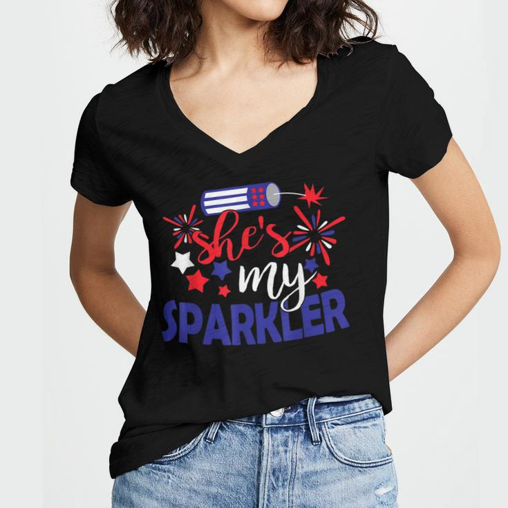 Shes My Sparkler 4Th Of July Matching Couples Women's Jersey Short Sleeve Deep V-Neck Tshirt