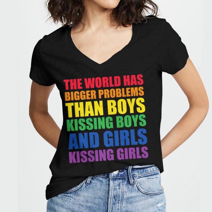 The World Has Bigger Problems Lgbt-Q Pride Gay Proud Ally Women's Jersey Short Sleeve Deep V-Neck Tshirt
