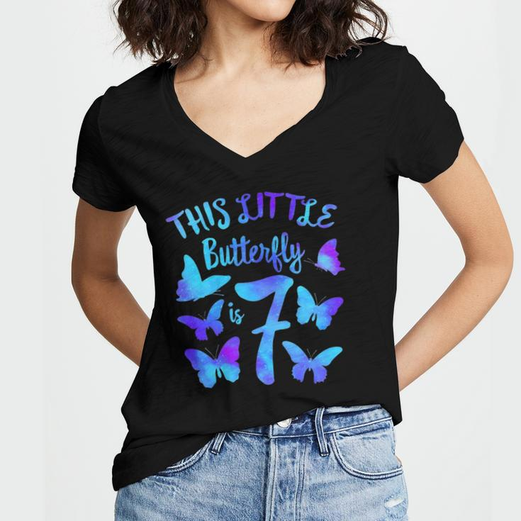This Little Butterfly Is 7 7Th Birthday Party Toddler Girl Women's Jersey Short Sleeve Deep V-Neck Tshirt