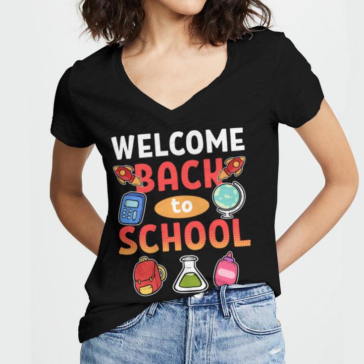 Welcome Back To School School Party 483 Shirt Women's Jersey Short Sleeve Deep V-Neck Tshirt