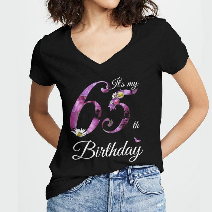 Womens 65 Years Old Floral 1957 Its My 65Th Birthday Gift Women's Jersey Short Sleeve Deep V-Neck Tshirt