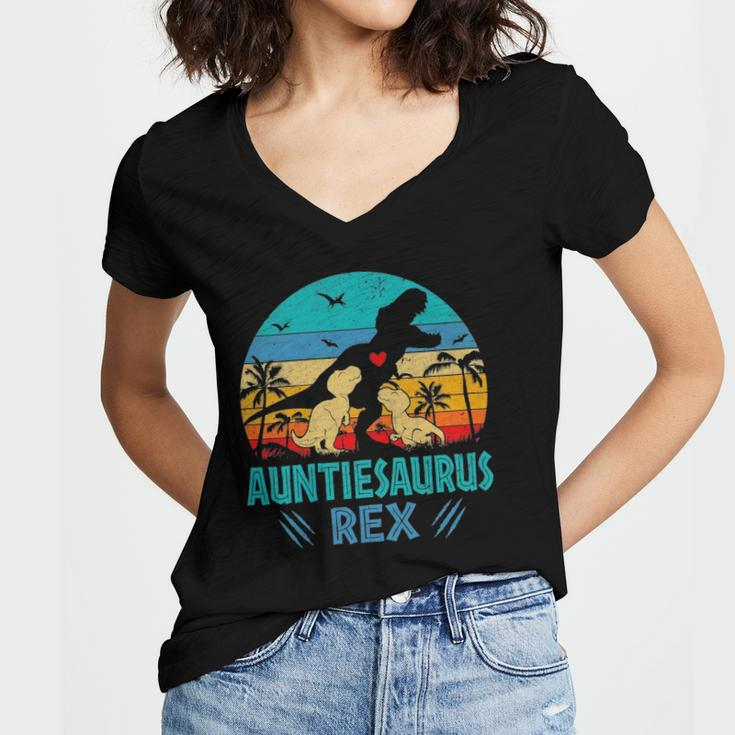 Womens Auntiesaurusrex Dinosaur Mommy Saurus Family Matching Women's Jersey Short Sleeve Deep V-Neck Tshirt